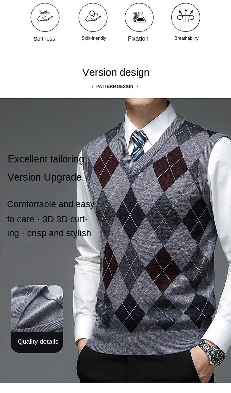 New Autum Fashion Designer Brand Argyle Pullover Diamond Sweater V Neck Knit Vest Men 6% Wool Sleeveless Casual Men Clothing