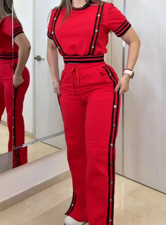 Fashion Rivet T Shirt Short Sleeved Long Pants Women's Set Autumn Casual Striped Red Slit Straight through Long Pants Sports Set