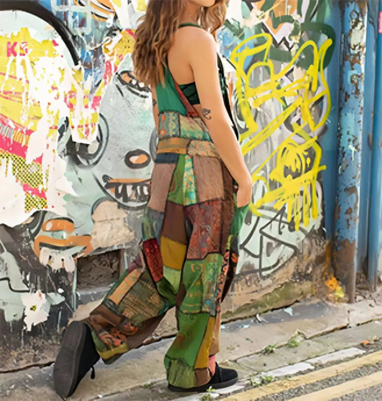 Fashion Patchwork Suspender Trousers Jumpsuit For Women Hip-hop Patchwork Ethnic Print Loose Harem Pantsstreet  Rompers Female