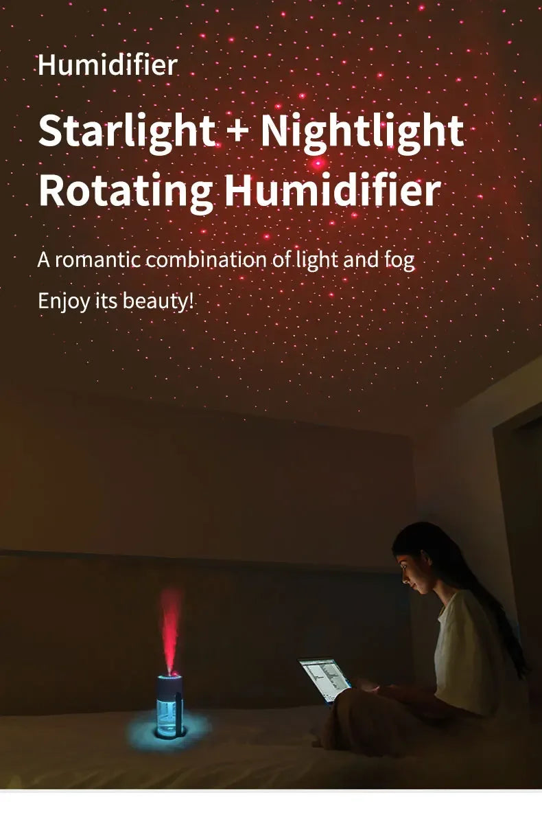 Car Air Humidifier with Starry Sky Lights Mini Aromatherapy Essential Oil Ultrasonic Diffuser Color Night Light Humidifier