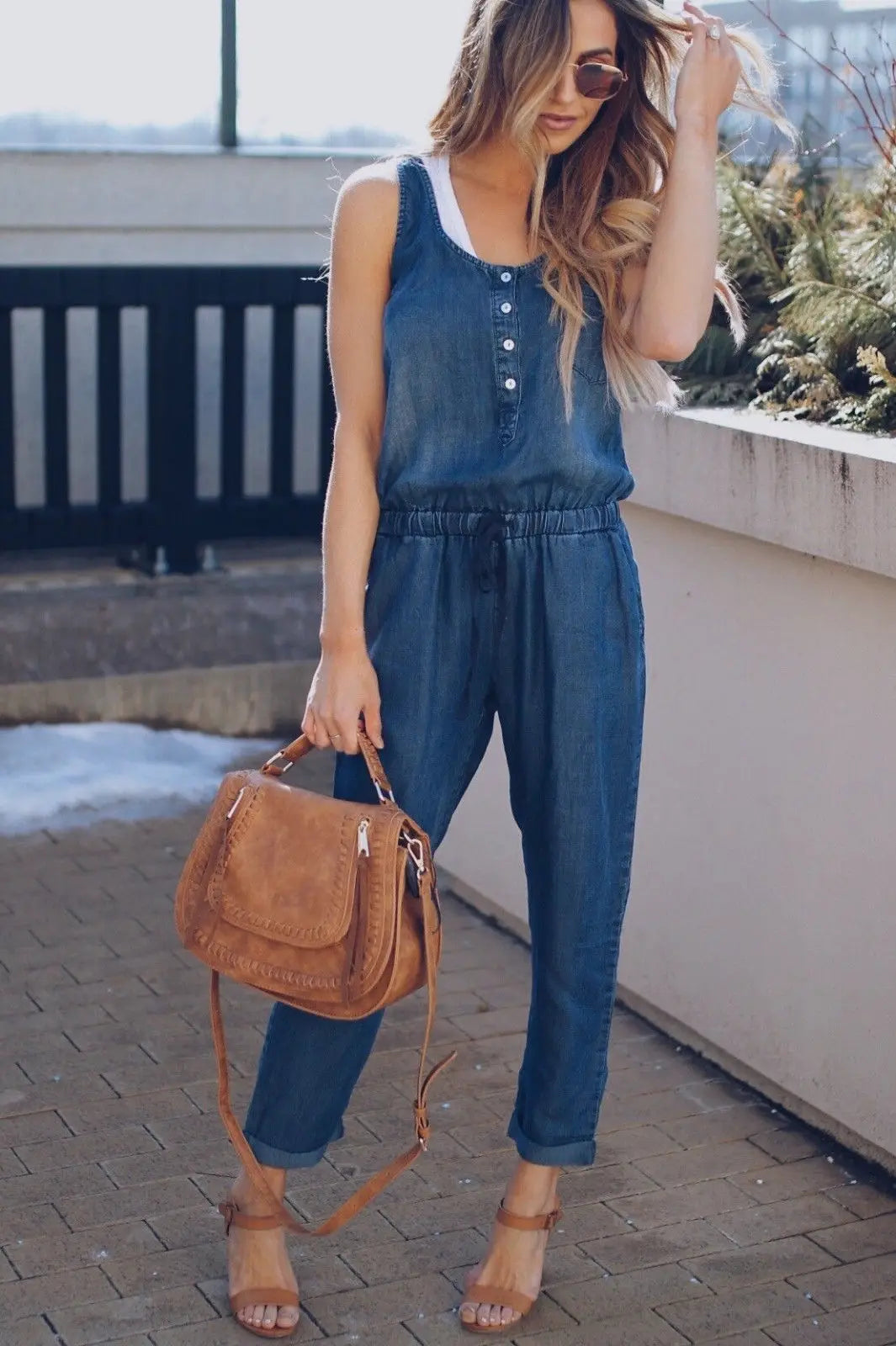 Summer Denim Jumpsuit For Women 2025 Fashion Sleeveless Button Vest Slim Drawstring Pant Jumpsuits High Street Women's Clothing