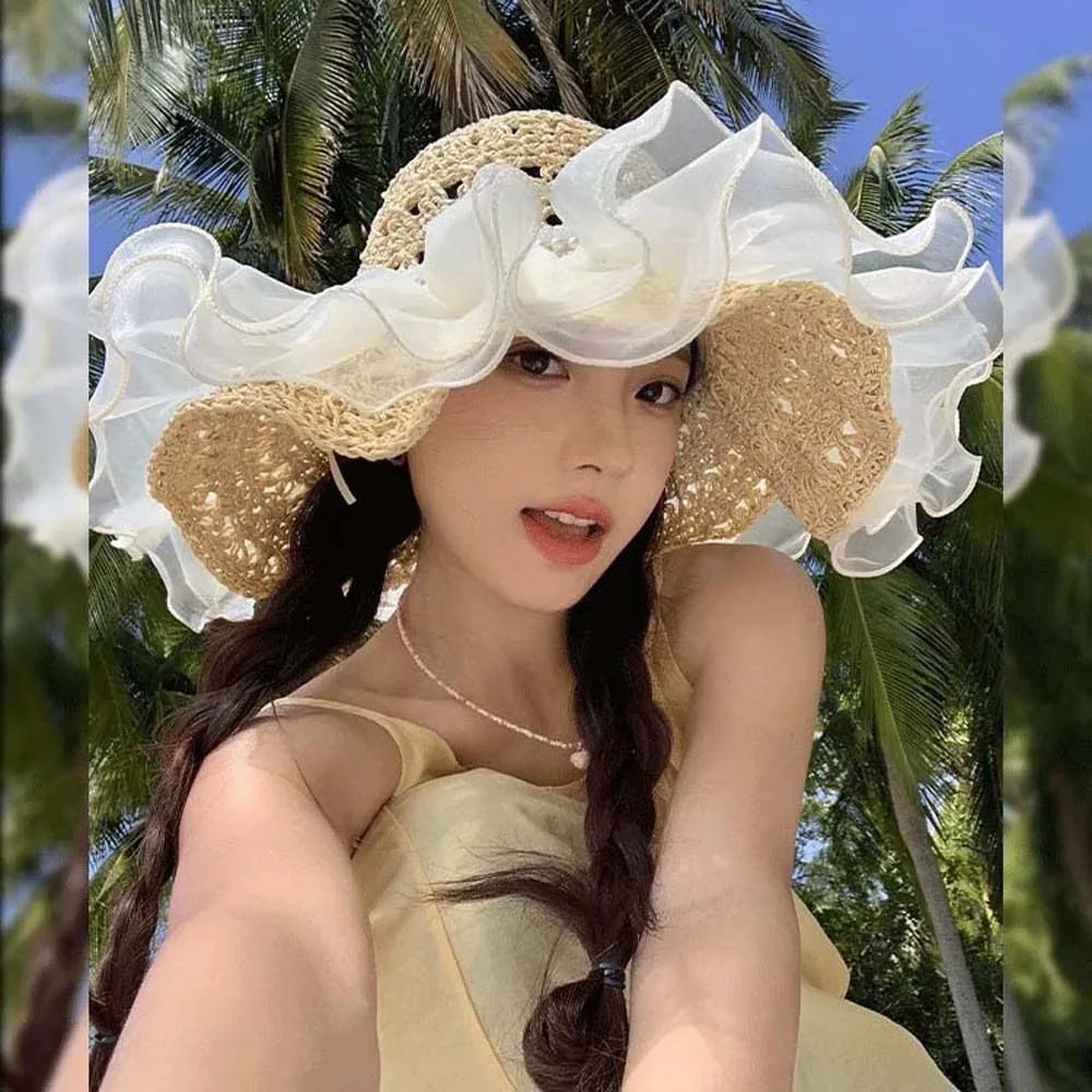 Beige Portable Lace Pearls Sun Cap Hollow Out Polyester Straw Weaving Beach Hat Breathable Thin Big Brimmed Woven Cap Women