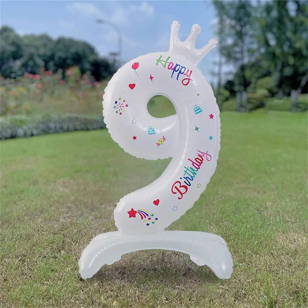 32inch White Crown Number Standing Balloon 0-9 Digital Balloons For Children's Happy Birthday Party Anniversary Decoration Golob