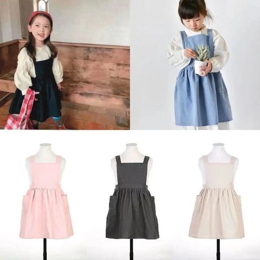 Kawaii Japanese Style Kids Apron Dress Solid Color Cotton Coffee Aprons Cross-back Soft Gardening Overalls Kitchen Accessories