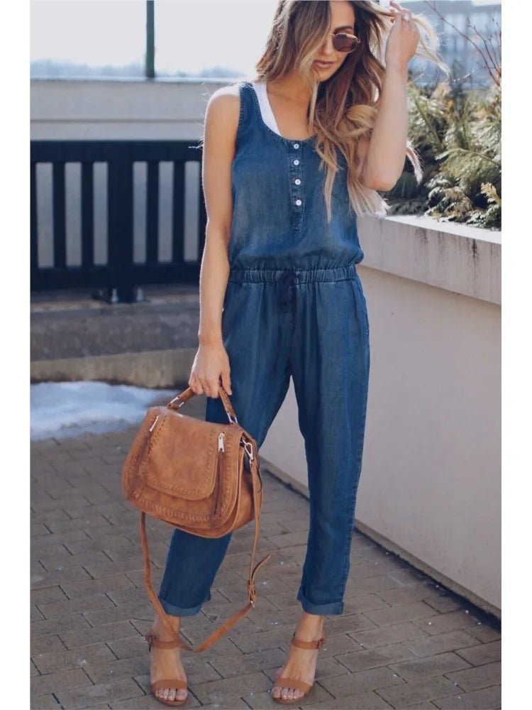 Summer Denim Jumpsuit For Women 2025 Fashion Sleeveless Button Vest Slim Drawstring Pant Jumpsuits High Street Women's Clothing