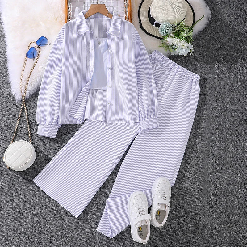 Kids Costume Suit For 4-12 Years Girls Pink Striped Long Sleeve Lapel Cardigan Shirt & Pants Daily Causal Style Comfortable Suit