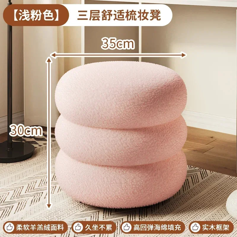 Creamy Household Stool for Girls, Makeup Seat, Bedroom Vanity Chair, Soft Lamb Wool Pouf, Minimalist Manicure, Round Ottoman