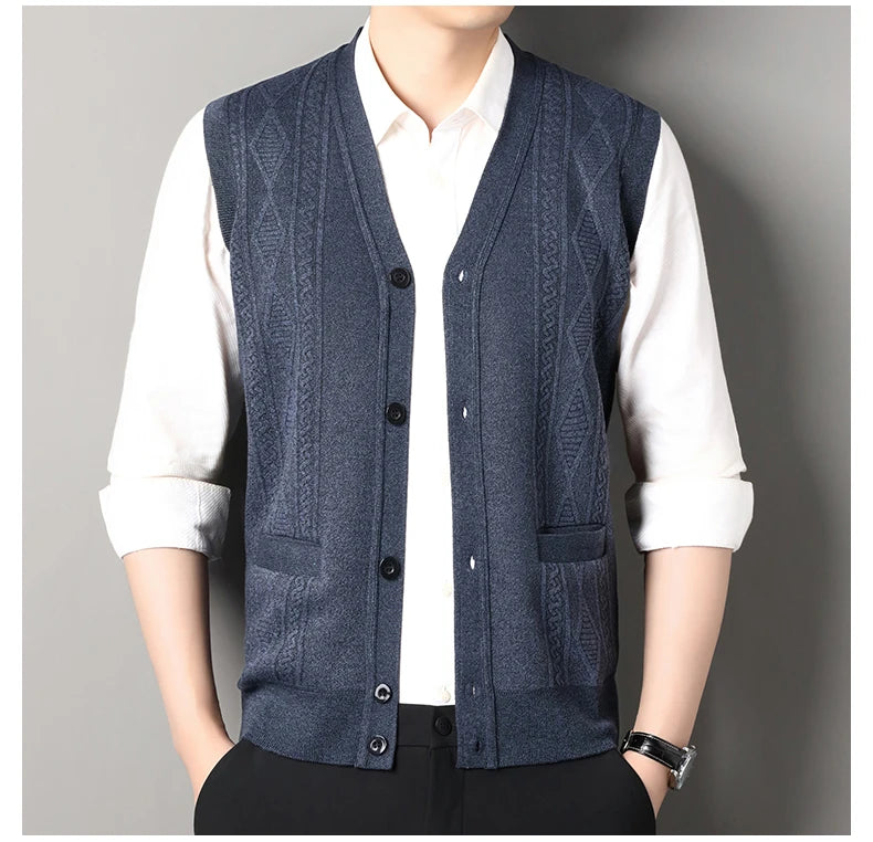 Autumn Winter Mens Vest Casual Sweater Vests Button Up Cardigan Men's V-neck Fashion Knitted Cardigans