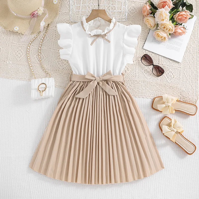 New Summer Fashion Summer Girls Dress Cute  Splicing Style Bow Sleeveless Princess Dresses For Kids Children Birthday Present