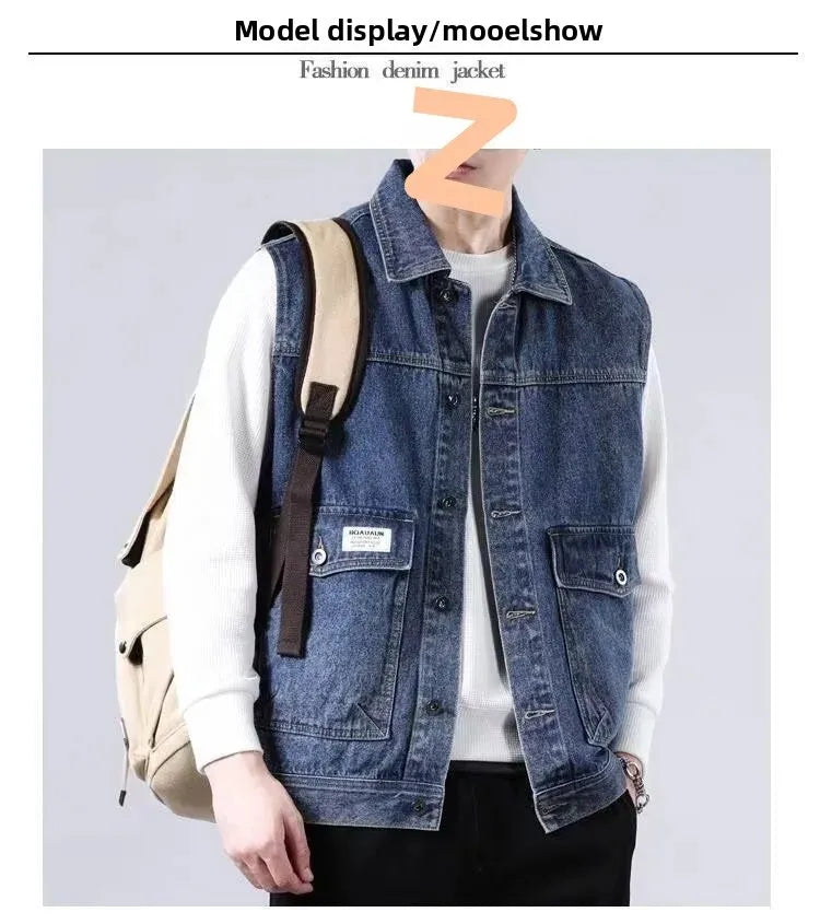 Loose Men's Denim Vest Spring Autumn American Retro Style Sleeveless Workwear Jacket Casual Trendy Brand Outerwear