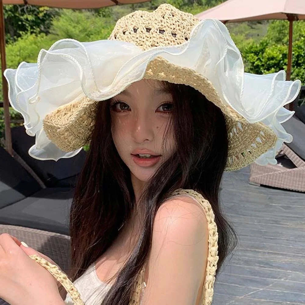 Beige Portable Lace Pearls Sun Cap Hollow Out Polyester Straw Weaving Beach Hat Breathable Thin Big Brimmed Woven Cap Women