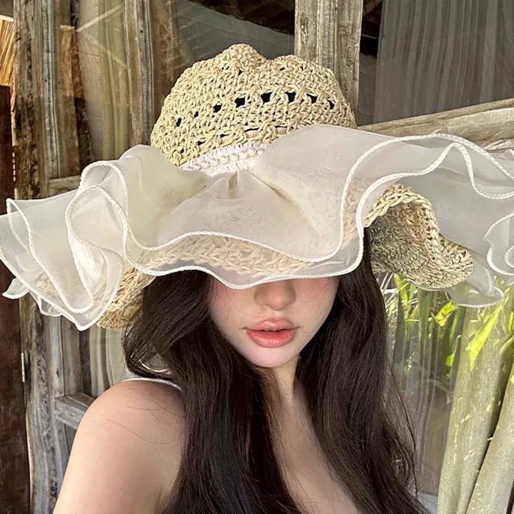 Beige Portable Lace Pearls Sun Cap Hollow Out Polyester Straw Weaving Beach Hat Breathable Thin Big Brimmed Woven Cap Women