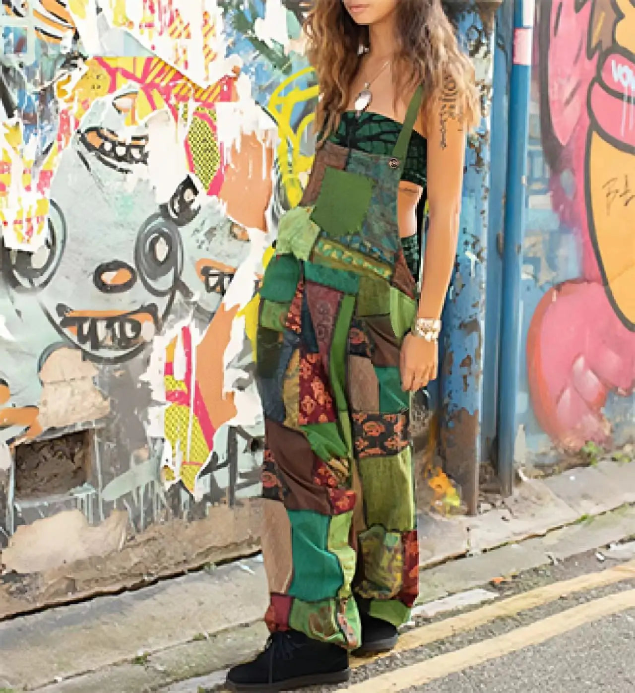Fashion Patchwork Suspender Trousers Jumpsuit For Women Hip-hop Patchwork Ethnic Print Loose Harem Pantsstreet  Rompers Female