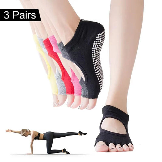 3 Pairs Women Backless Five Toe Yoga Socks Non-Slip Cotton Dance Ballet Pilates Socks Open Half Breathable Fitness Sports Socks