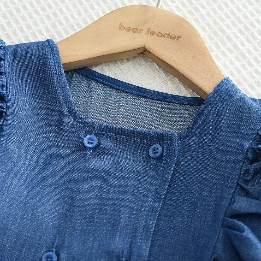 Bear Leader Toddler Girl Clothes Summer Solid Color Imitation Denim Children's Suit Blue Ruffled Sleeveless Vest+Pants 2Pcs Set