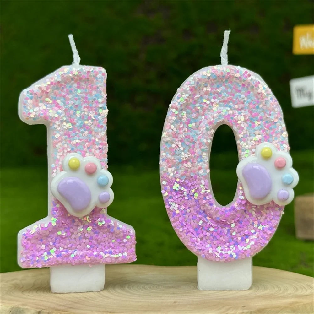 3D Number Candles Cake Decorating Glitter Pink Claw Theme Number Candles Cake Topper Birthday Party Cake Decoration