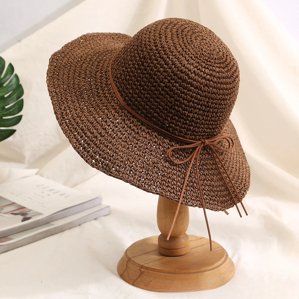 Holiday Sle Beach Fisherman Hat Seaside Sun Protection Sun Hat Large Brim Bow Woven Straw Hat Women Panama Chapeau Korean