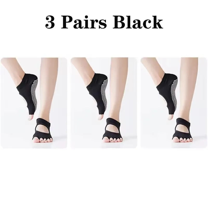 3 Pairs Women Backless Five Toe Yoga Socks Non-Slip Cotton Dance Ballet Pilates Socks Open Half Breathable Fitness Sports Socks