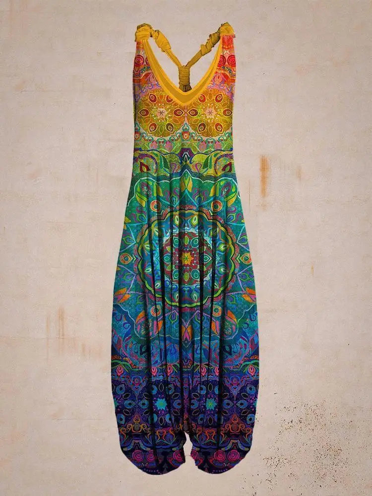 Bohemian Women's V-neck Sleeveless Jumpsuit Retro Ethnic Halter Top Harem Pants Beach Fashionable Casual Floral Print Jumpsuit