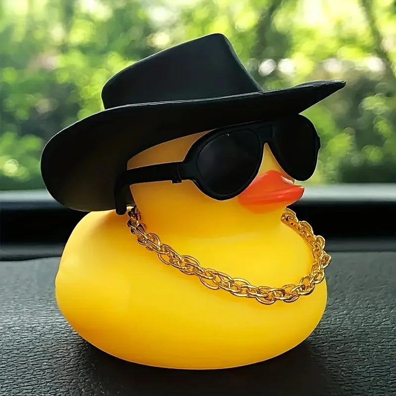 1PC cute yellow duck car ornament with black cowboy hat and sunglasses, car decoration, holiday gift