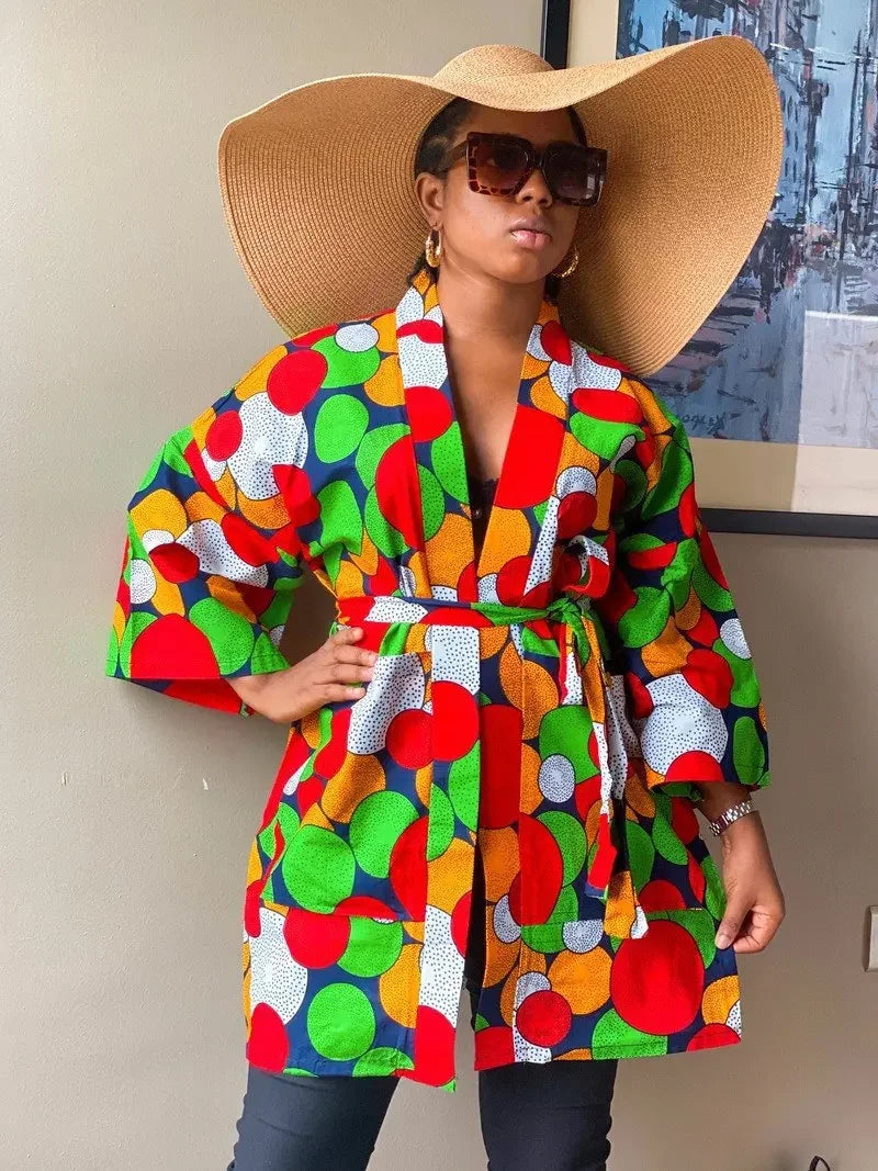 African  Printing Dress Women's Fashion Kimono Cardigan Coat Dashiki Geometric Belt Dress Plus Size Retro African Christmas Robe