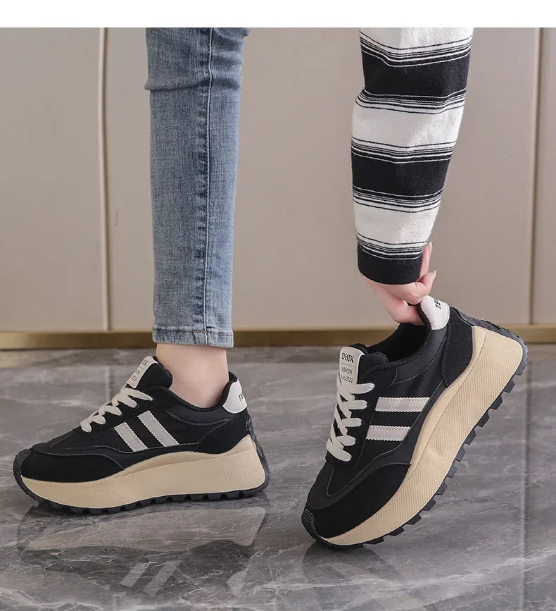 2024 autumn Spring Thick Bottom Women's Shoes Casual Patchwork Leather Sneakers Casual Vulcanised Shoes Ladies Chaussure Femme