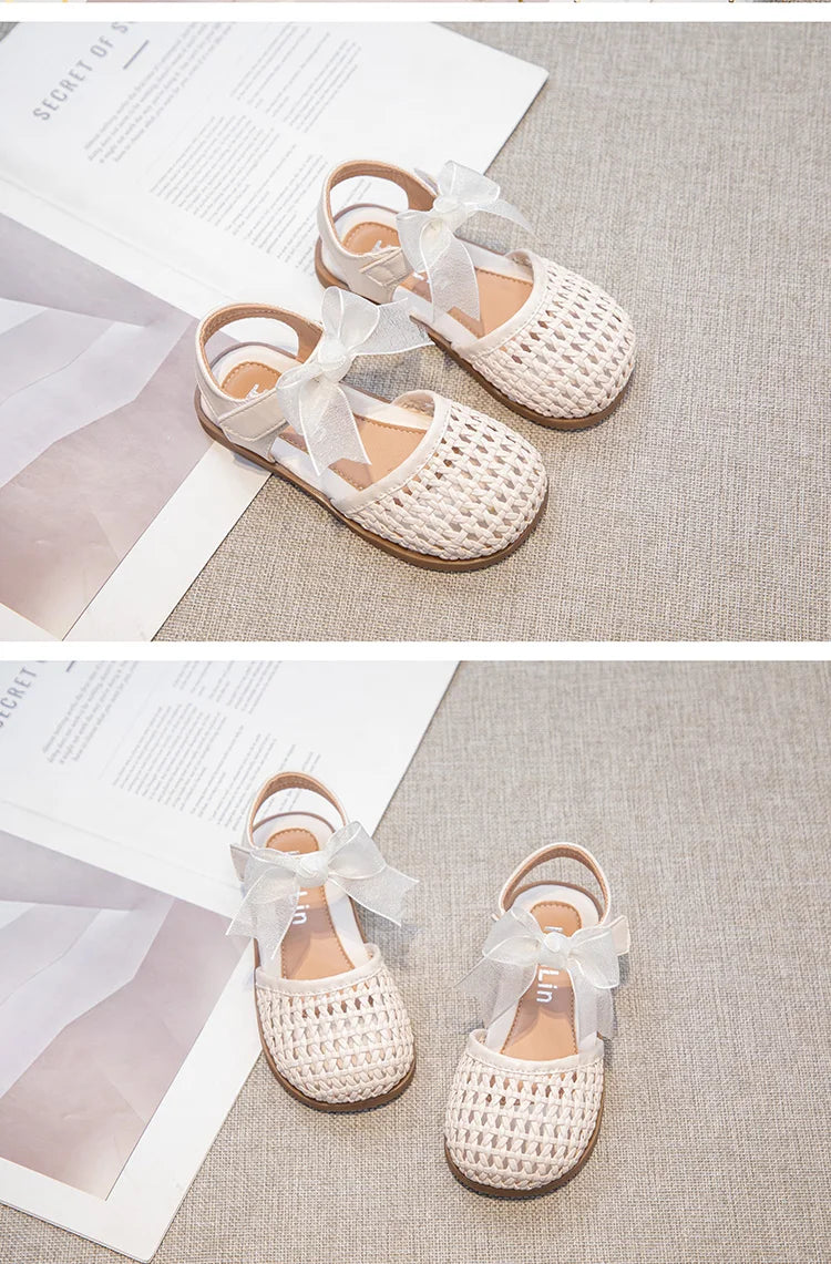 Braided Sandal for Girl Princess Summer Shoe Child Soft Sole Close Toed Butterfly Beach Shoe Kids Casual Shoe Beige Brown Silver
