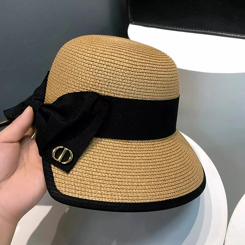 Summer Girls Sun Hats Wide Brim Bowknot Straw Hat with Ribbon Outdoor Sun Protection Women Hats Soild Color Ladies Panama Caps