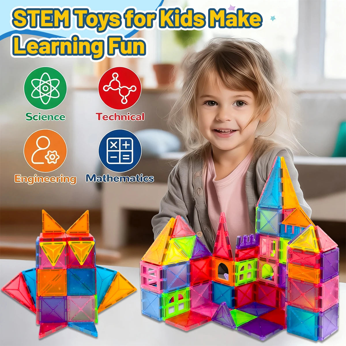 Magnetic Building Blocks Construction Set Montessori Sensory Educational DIY Toy For 3Years+ Old Kids Boys Girls Gifts