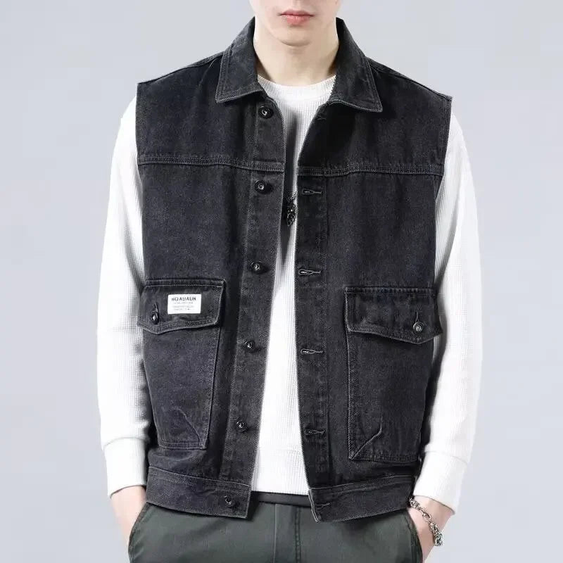 Loose Men's Denim Vest Spring Autumn American Retro Style Sleeveless Workwear Jacket Casual Trendy Brand Outerwear