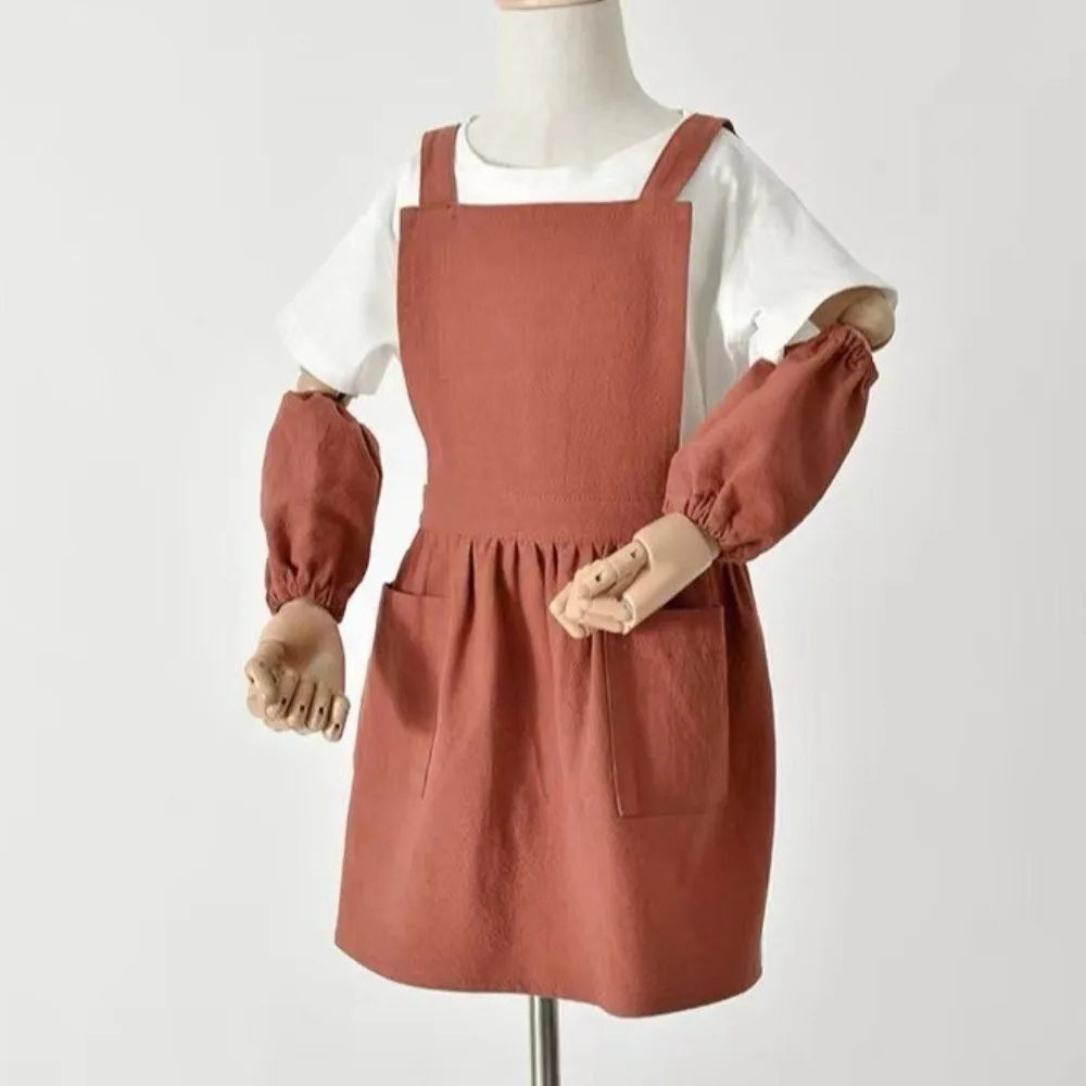 Kawaii Japanese Style Kids Apron Dress Solid Color Cotton Coffee Aprons Cross-back Soft Gardening Overalls Kitchen Accessories
