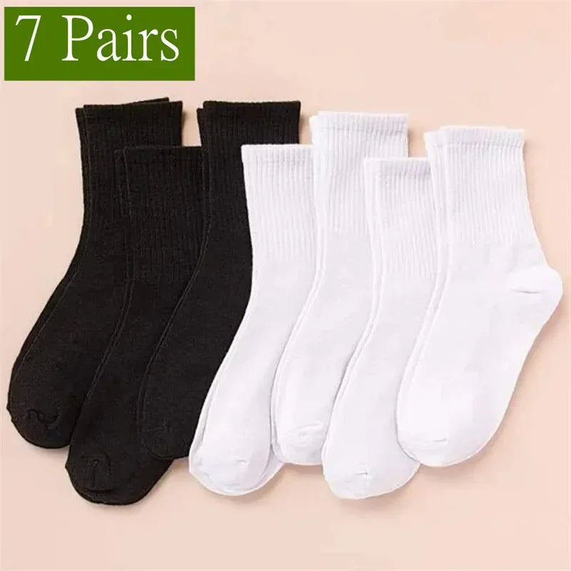 Mid Length Socks Women Classic Black White Solid Color Fashionable Casual Sports Absorbing Breathable Men Socks 1/7/10/20 Pairs