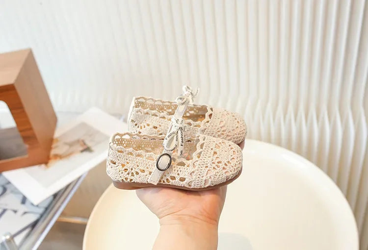 Bow Mesh Girls Flats Shoes Hollow Out Lace Solid Kids Princess Shoes Hook Loop Non Slip Toddler Children Fashion Shoes