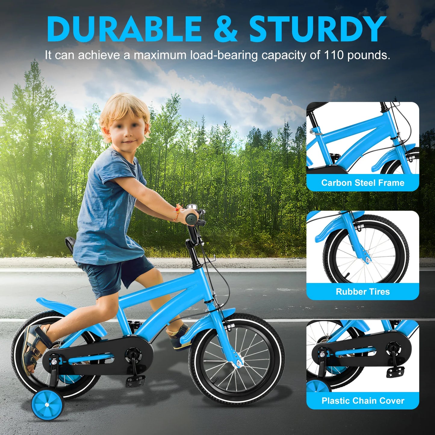 14inch Children's Bicycle with Training Wheel for 2-5 Year-Old Boys and Girls, Height Adjustable Kids Bike White/Yellow/Red/Blue
