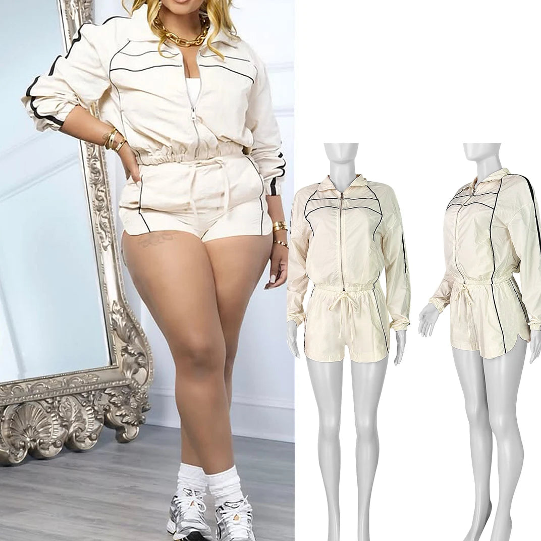 FAGADOER Casual Color Block 2 Pieces Set for Woman Long Sleeve Zipper Crop Jacke and Drawstring Shorts Female Jogger Clothing