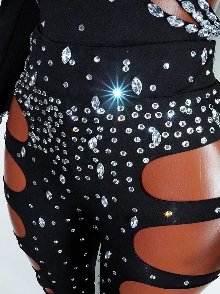 Drag Queen Outfit Sparkly Black Hollow Sexy 2 Piece Crystal Women Evening Prom Celebrate Birthday NightClub Performance Costume