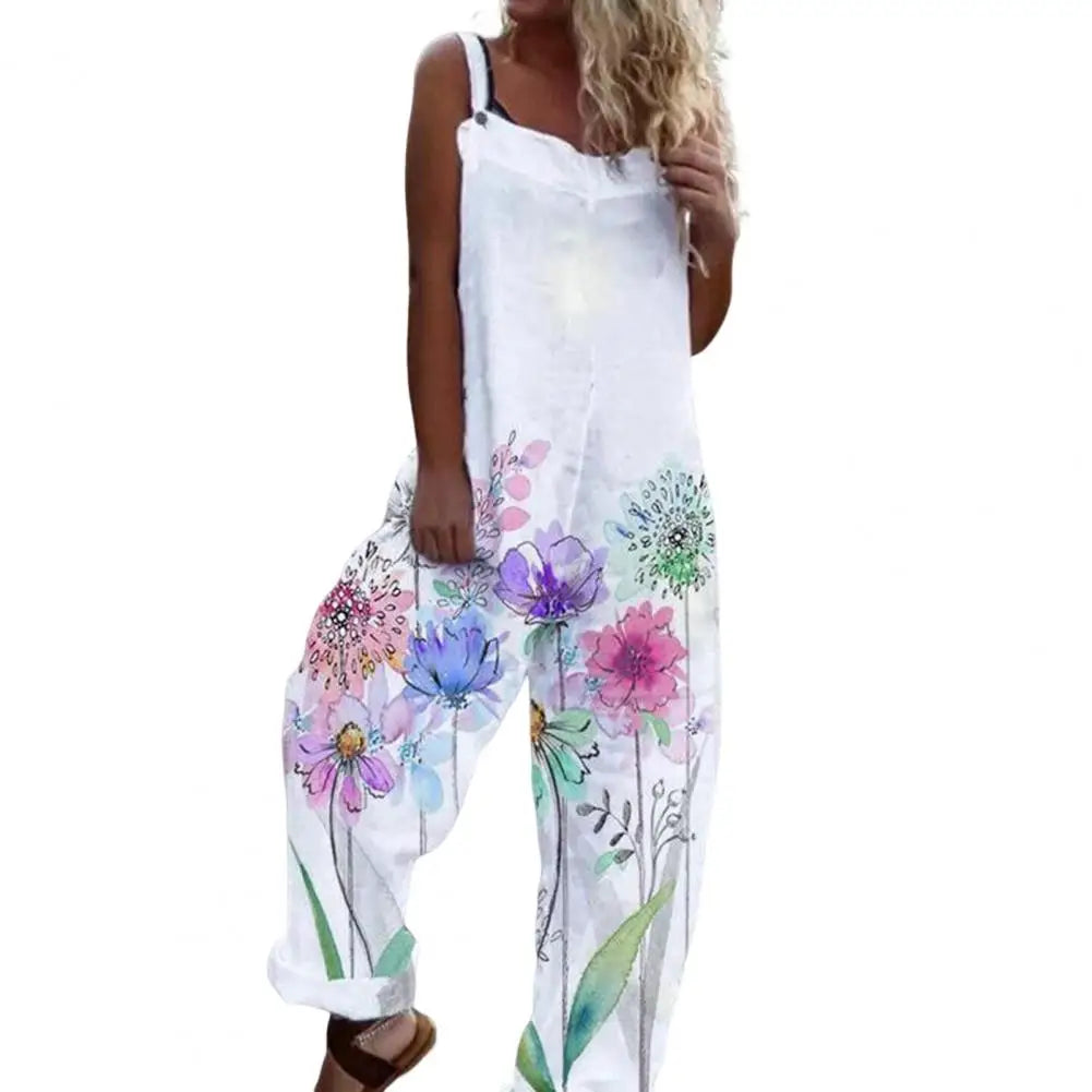 Casual Loose Jumpsuit Women Spaghetti Long Camis Summer Print Cotton Linen Strap Wide Leg Pants Bib Overalls Sleeveless Jumpsuit