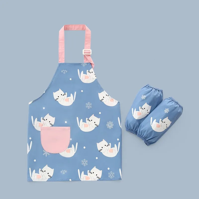 Cute Cartoon Children Apron with Sleeves Set Baby Bibs Kids Craft Art Apron Kitchen Cooking Suit Toddler Burp Cloths for 3-12Y