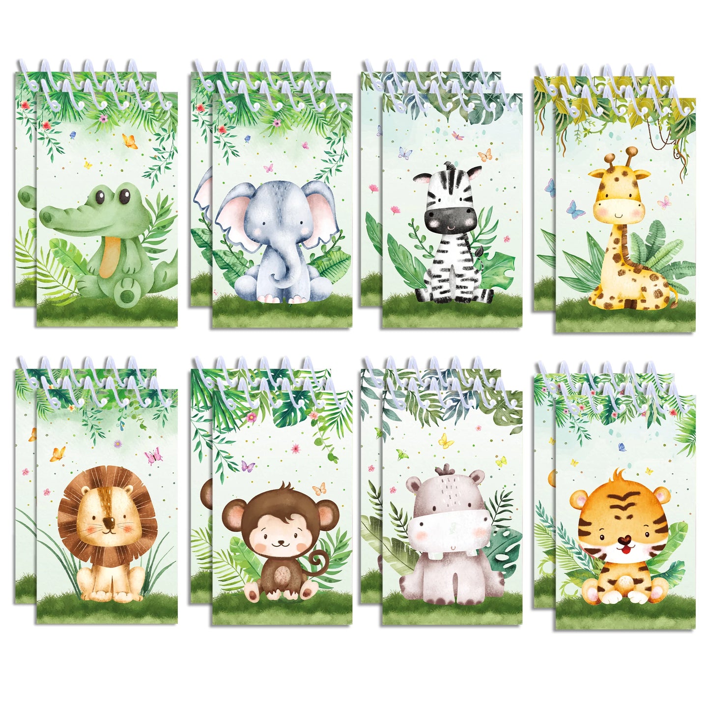 8pcs Jungle Animals Mini Spiral Notepads Cartoon Tiger Lion Pattern Spiral Coil Notebook for Birthday Party Supplies