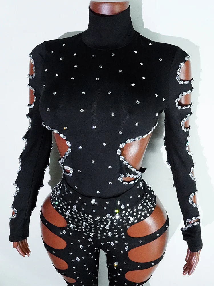 Drag Queen Outfit Sparkly Black Hollow Sexy 2 Piece Crystal Women Evening Prom Celebrate Birthday NightClub Performance Costume