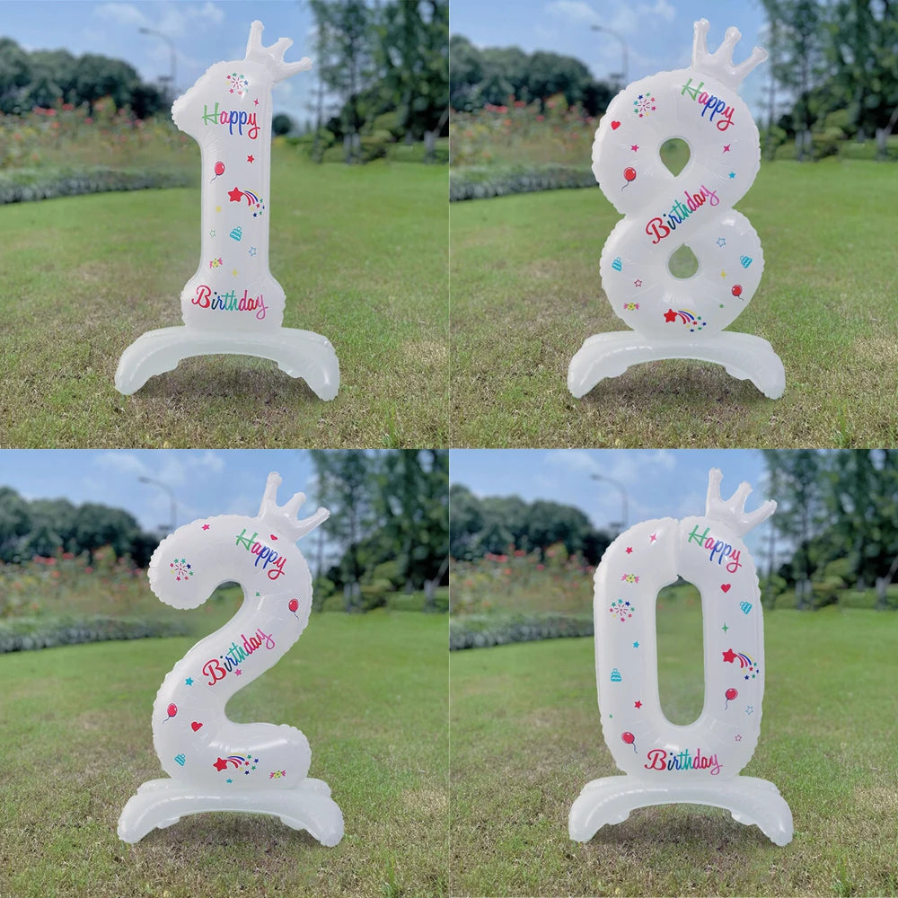 32inch White Crown Number Standing Balloon 0-9 Digital Balloons For Children's Happy Birthday Party Anniversary Decoration Golob