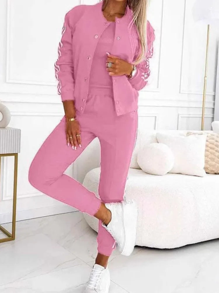 Autumn Winter Fashion Red Black Casual 3 Piece Sets Women O-neck Slim Tank Top + Button Long Sleeve Jacket And Pencil Pant Set