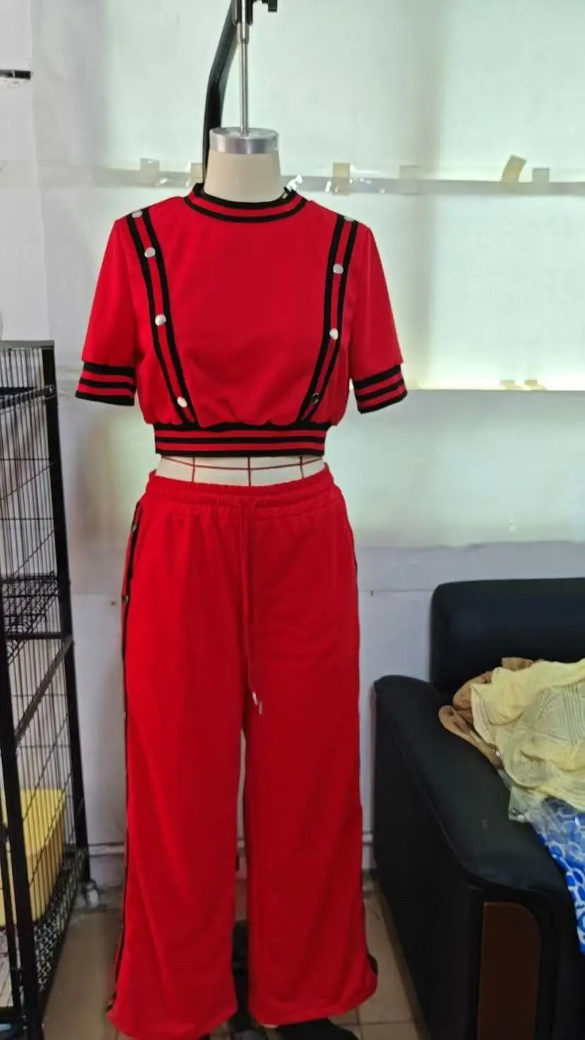 Fashion Rivet T Shirt Short Sleeved Long Pants Women's Set Autumn Casual Striped Red Slit Straight through Long Pants Sports Set