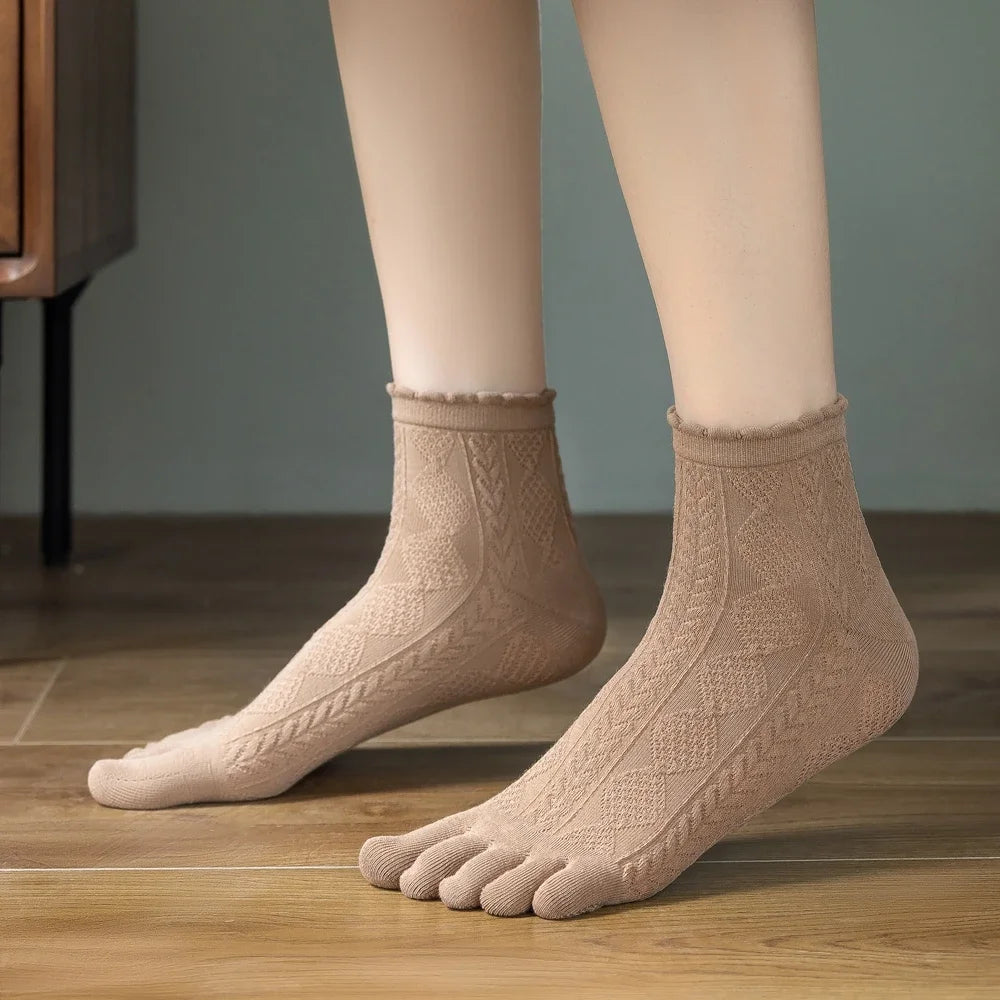 3 Pairs Summer Mesh Toe Socks Women Embroidered Floral Five Finger Socks High Quality Cotton Athletic Socks