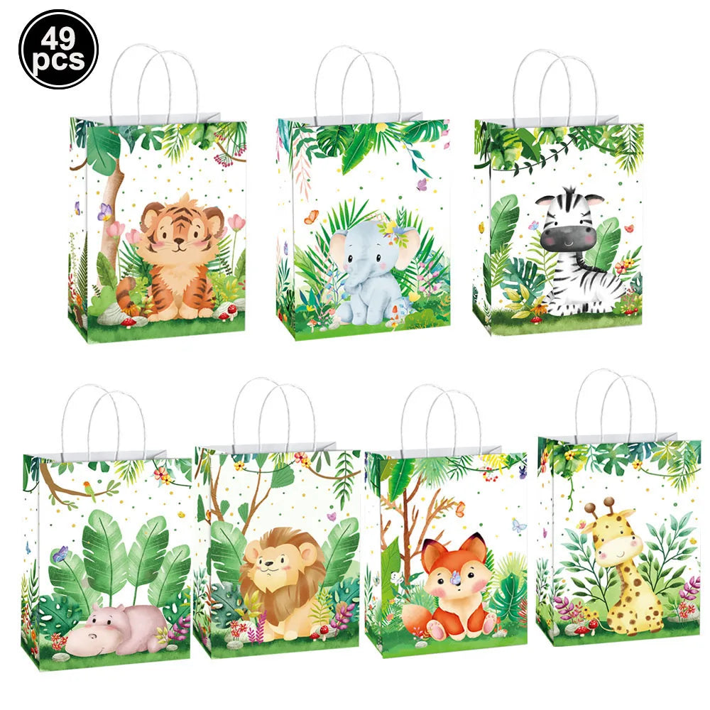 10-49pcs Cartoon Jungle Animals Gift Handbag Zebra Tiger Giraffe Fox Candy Package Jungle Theme Birthday Party Decor Supplies