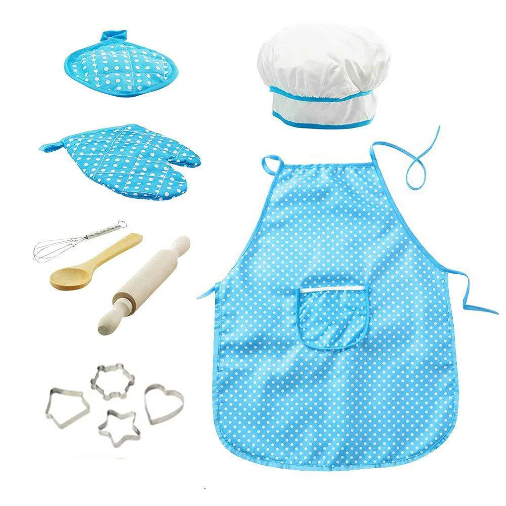 11 pcs/set Apron for Little Girls Kids Cooking Baking Set Chef Hat Mitt & Utensil for Toddler Dress Up Chef Costume Role Play