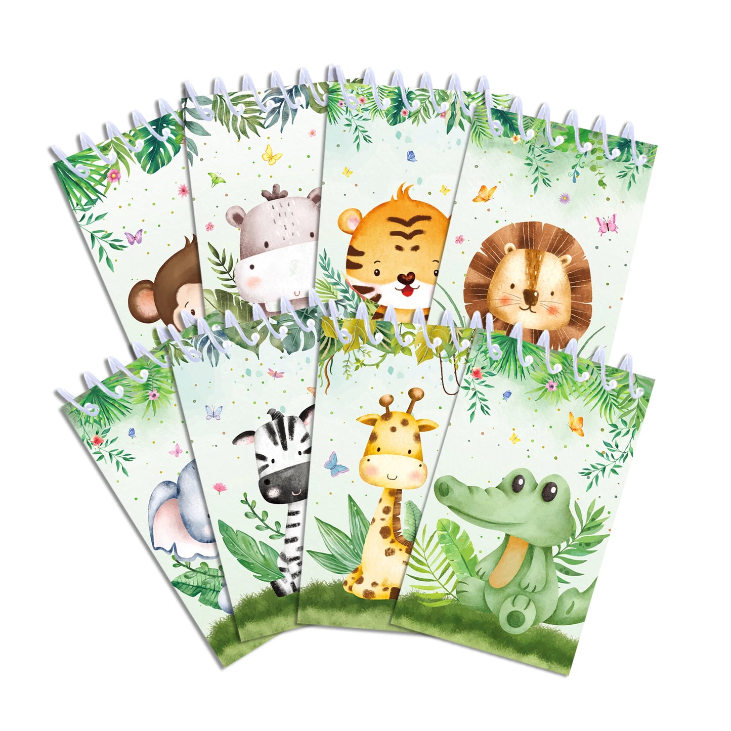 8pcs Jungle Animals Mini Spiral Notepads Cartoon Tiger Lion Pattern Spiral Coil Notebook for Birthday Party Supplies