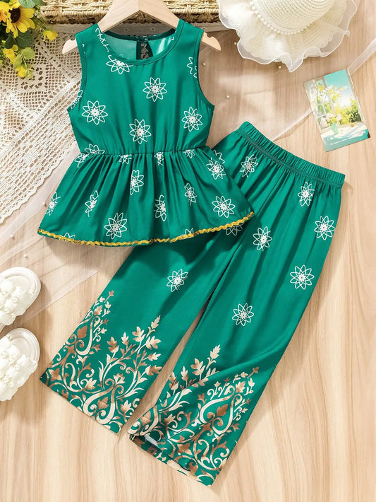 Girl's Ethnic Floral Sleeveless & Wide-Leg Set, 4-7Y Spring-Summer Vacation/Party/Outdoor