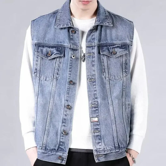 American Style Casual Men's Denim Jacket Loose Cool Retro Workwear Jacket Versatile Leisure Vest for Spring And Autumn