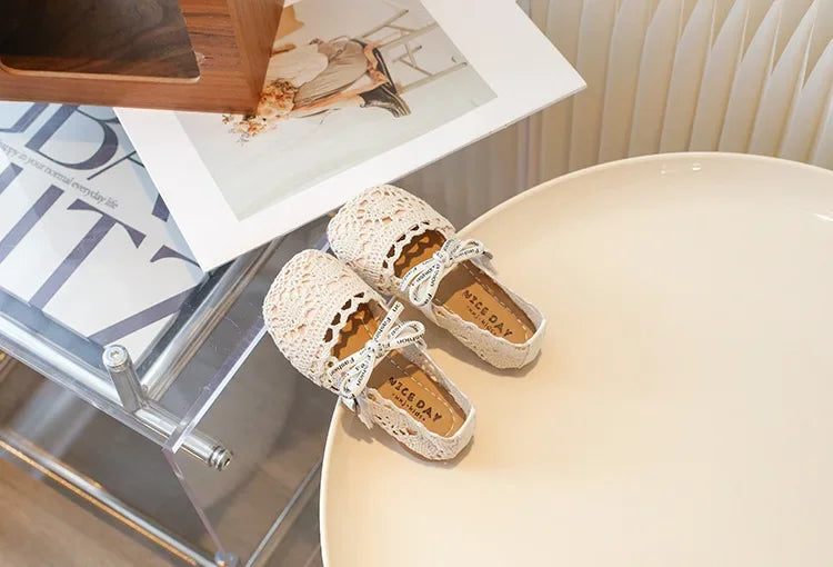 Bow Mesh Girls Flats Shoes Hollow Out Lace Solid Kids Princess Shoes Hook Loop Non Slip Toddler Children Fashion Shoes